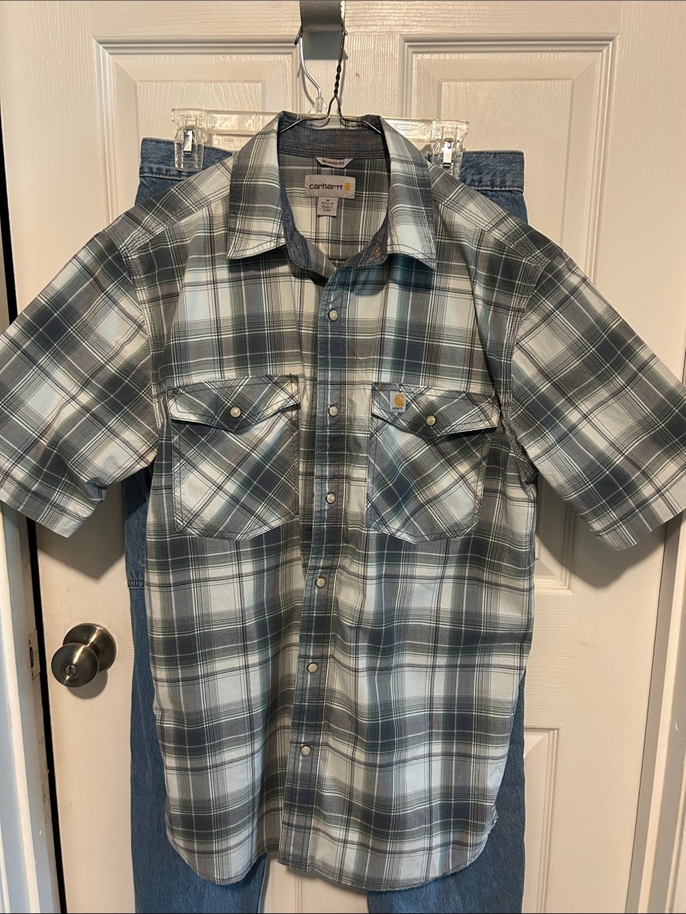 Carhartt Men’s Short-Sleeve Plaid Button-Front Shirt - Gray & White